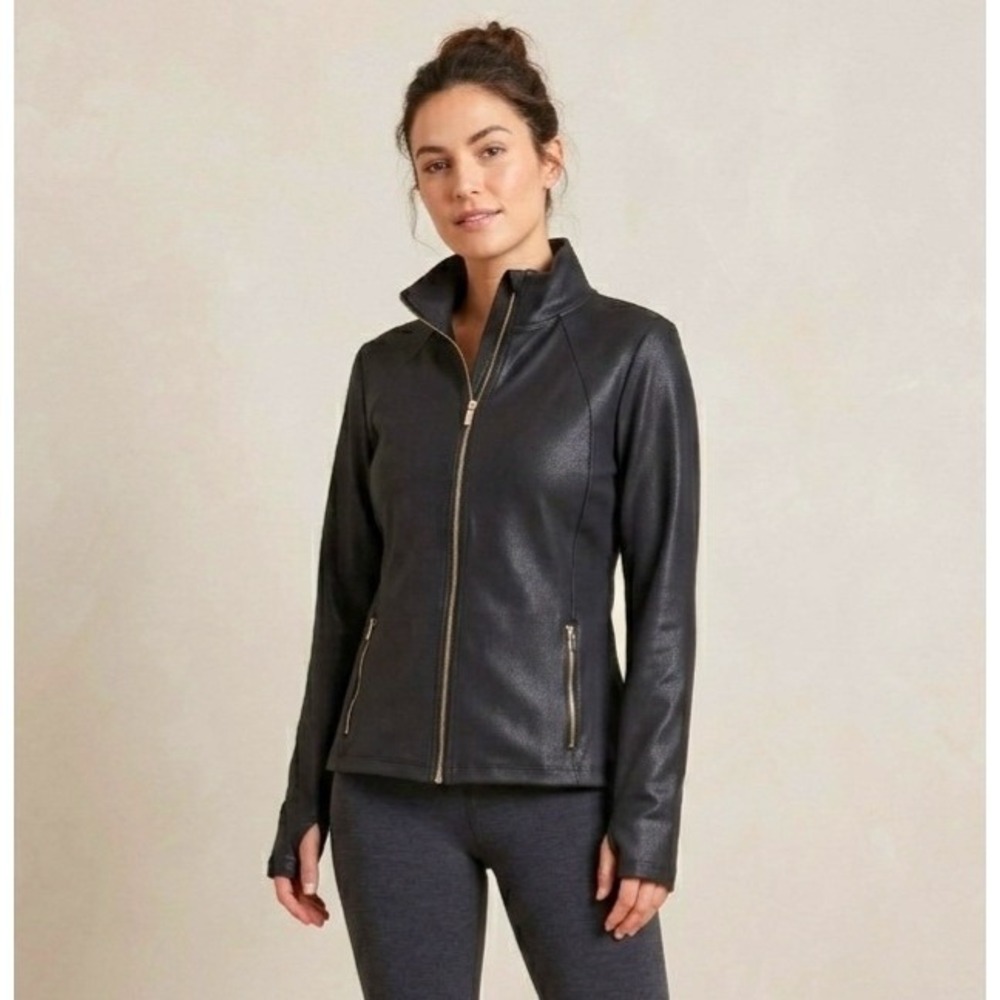 Ebb & Flow Faux Leather Athletic Jacket Womens Size Large Black Thumbhole